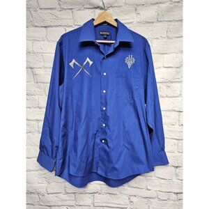 MENS BILL ROBINSON L 34/35 16-16 1/2 BLUE SILVER EMBROIDERED AXE BUTTON UP SHIRT